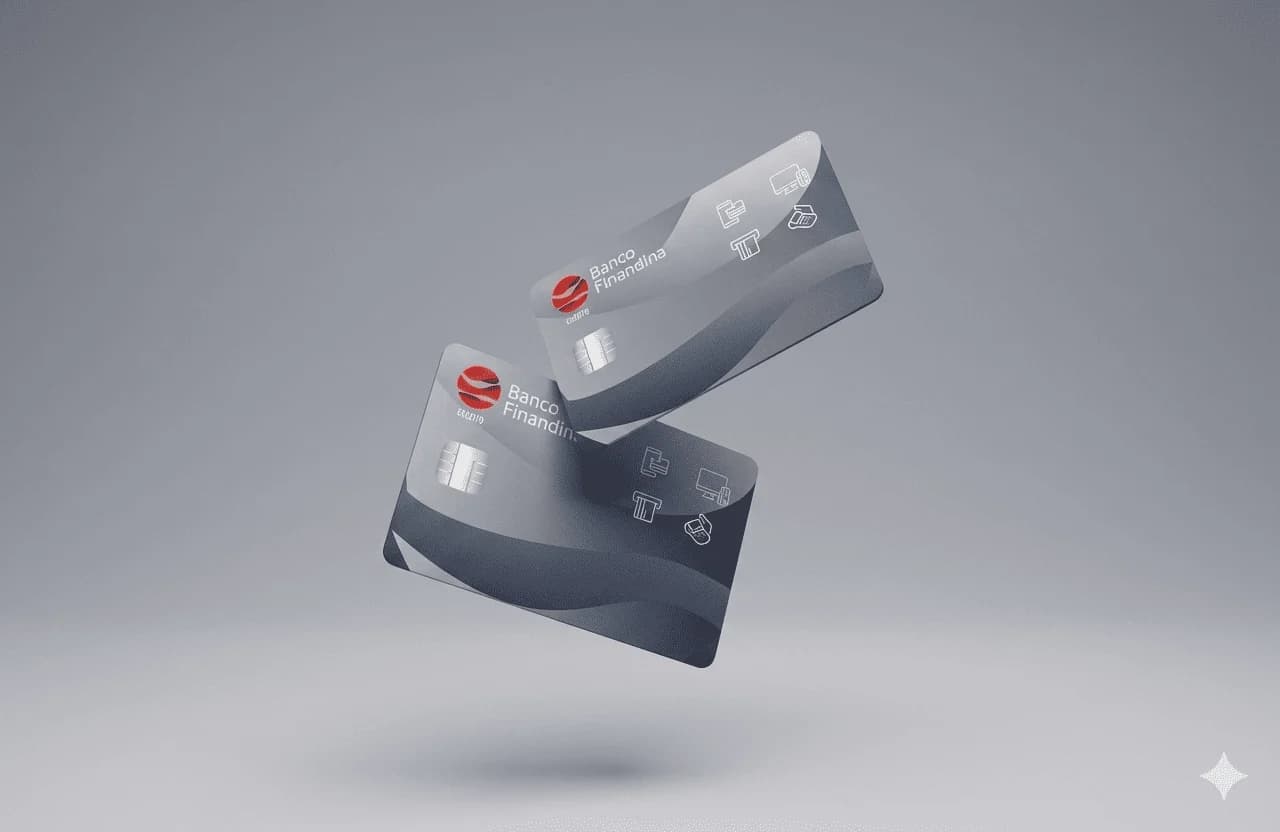 Dos tarjetas de crédito de Banco Finandina suspendidas sobre un fondo gris